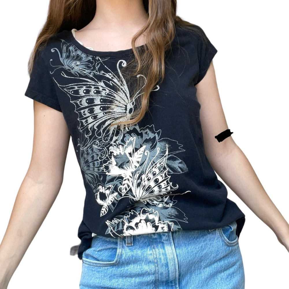 Vintage Y2K Black Cyberpunk Butterfly Downtown Girl Lace Back Grunge Baby Tee